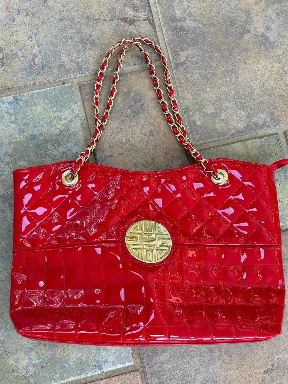 Red Quilted Patent Shoulder Tote with Gold Emblem